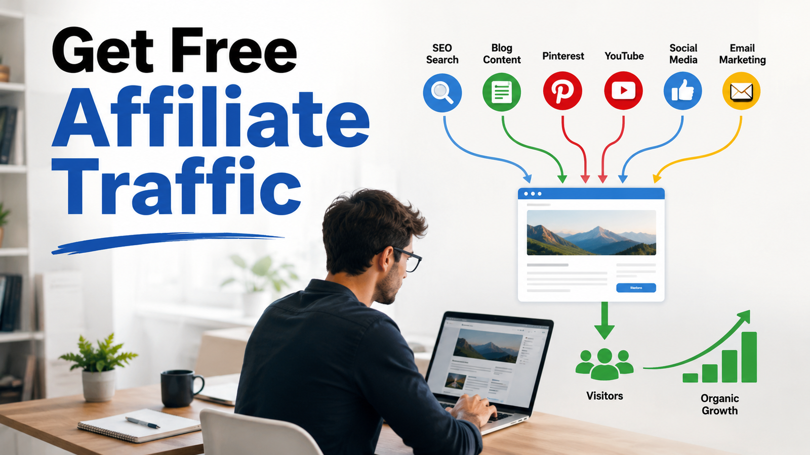 Free traffic strategies for affiliate marketing using SEO, Pinterest, YouTube, social media, and helpful content