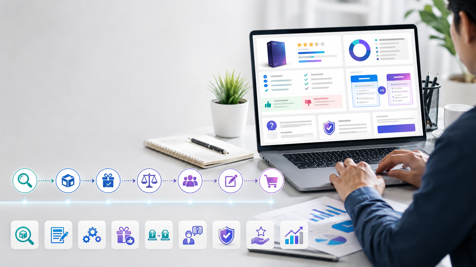 Affiliate marketer researching product features, benefits, pros, cons, and comparisons while writing an honest affiliate product review
