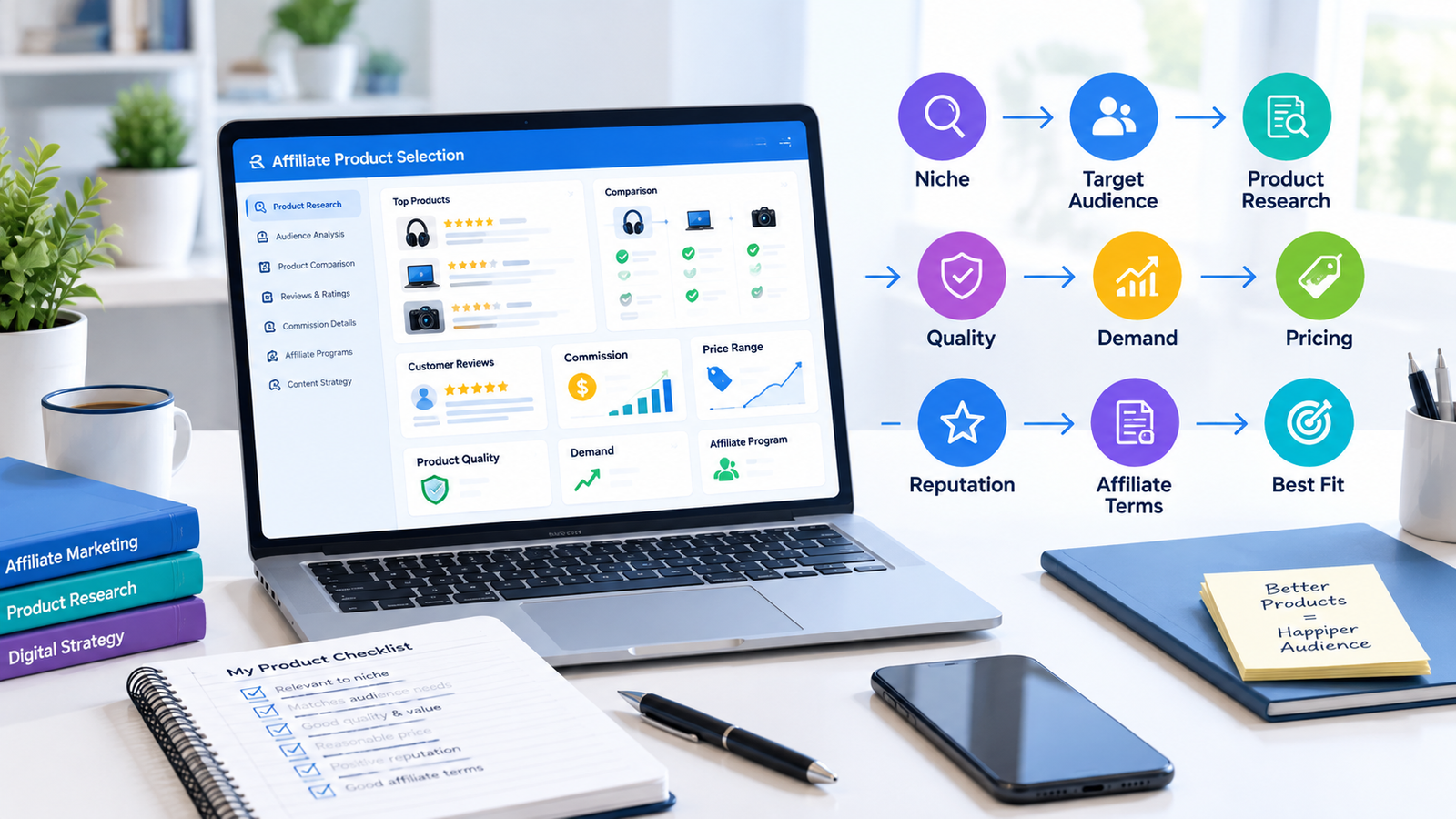 Affiliate marketing workspace showing product research, audience matching, pricing, reviews, and affiliate product selection