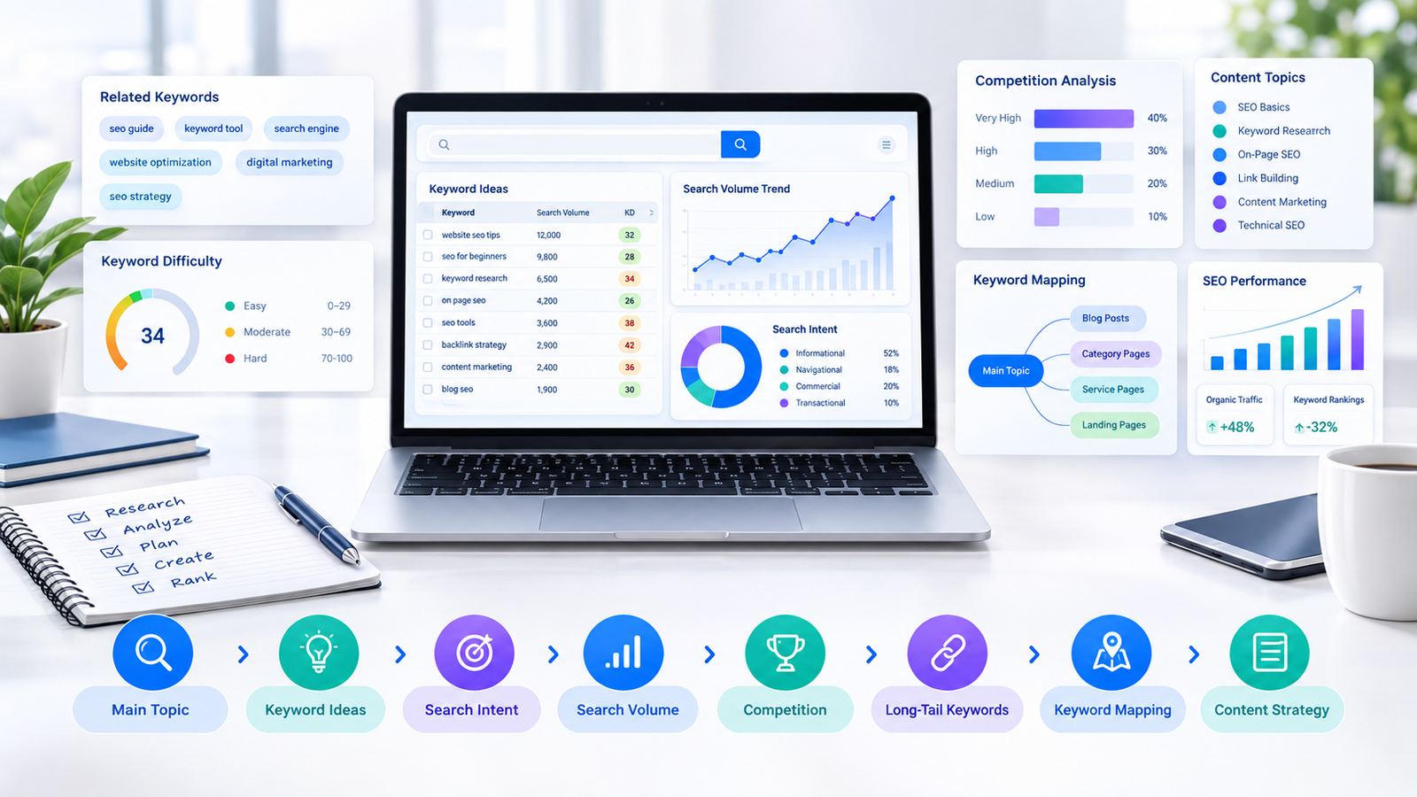 Keyword research workspace showing SEO keyword analysis and content planning