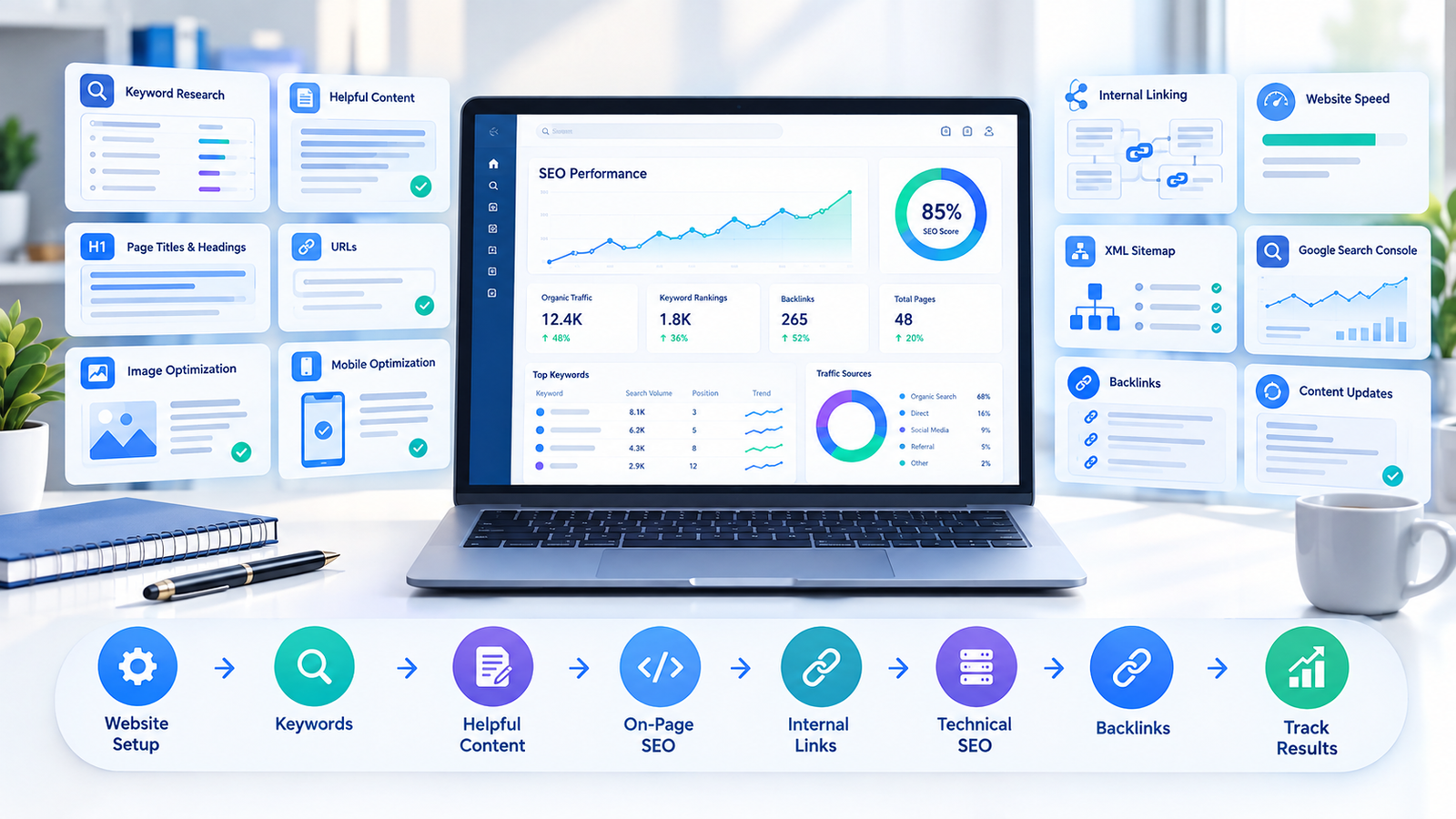 SEO workspace showing steps for optimizing a new website