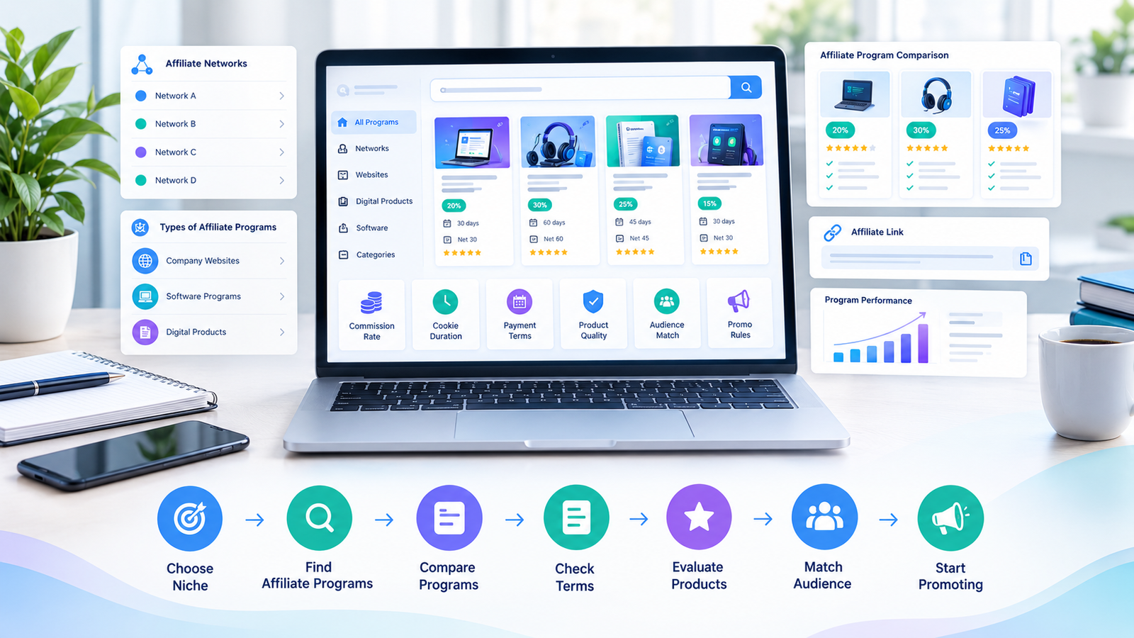 Affiliate marketing workspace showing how beginners can find and evaluate affiliate programs